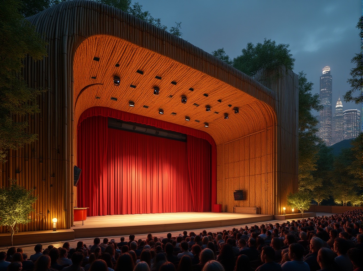 Prompt: Bamboo material, performing arts center, modern architecture, green building, sustainable design, natural texture, wooden accents, warm lighting, grand stage, red curtains, comfortable seating, audience, applause, evening performance, cityscape, urban landscape, skyscrapers, night scene, soft focus, cinematic composition.