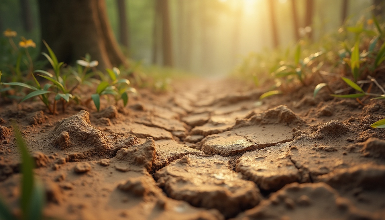 Prompt: Earth-toned mud material, natural texture, organic pattern, rough surface, cracked details, earthy smell, warm beige color, soft lighting, 3/4 composition, shallow depth of field, realistic rendering, ambient occlusion, subtle normal mapping, outdoor setting, forest floor, tree roots, wildflowers, misty atmosphere, warm sunlight filtering through trees.