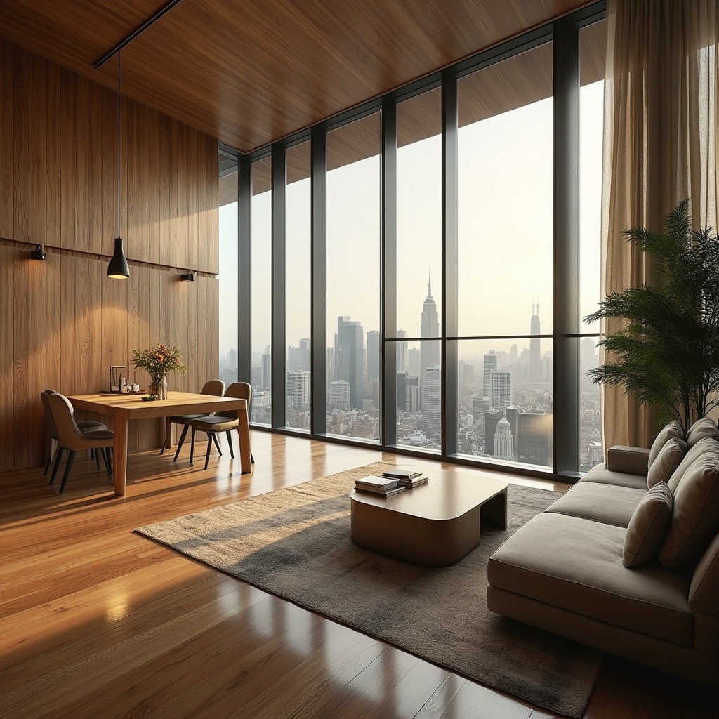 Prompt: Modern penthouse, luxurious interior, bamboo material, natural texture, sleek lines, minimalist decor, floor-to-ceiling windows, cityscape view, skyscraper background, urban setting, warm ambient lighting, 3/4 composition, soft focus, shallow depth of field, elegant atmosphere, sophisticated lifestyle.