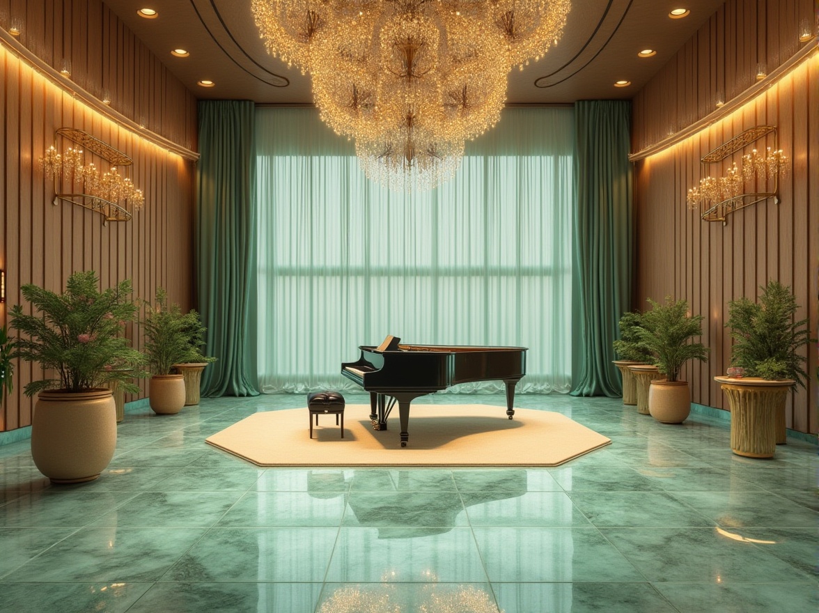 Prompt: Concert house, luxurious interior, mint color tiles, marble floors, grand piano, crystal chandeliers, elegant curtains, acoustic panels, soundproofing materials, wooden walls, spotlights, VIP seating area, champagne color carpet, fresh flowers on tables, softbox lighting, warm atmosphere, 3/4 composition, wide-angle shot.