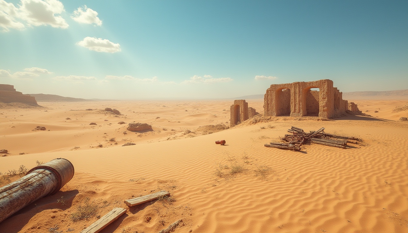 Prompt: Desert landscape, vast sandy dunes, golden sand grains, intricate textures, warm soft lighting, cinematic composition, shallow depth of field, serene atmosphere, a few sparse desert plants, worn wooden planks, rusty metal pipes, abandoned old machinery parts, weathered stone ruins in the distance, clear blue sky with a few puffy white clouds.