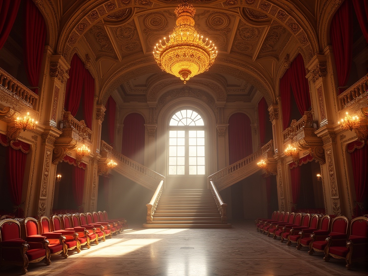 Prompt: Grand auditorium, classicism style, ornate details, high ceiling, golden chandelier, red velvet curtains, intricate stone carvings, marble floor, grand staircase, elegant railings, luxurious atmosphere, warm lighting, afternoon sunbeam, dramatic shadows, 3/4 composition, symmetrical framing, Renaissance-inspired architecture, opulent decoration, solemn ambiance, precise geometry, soft focus, cinematic rendering.