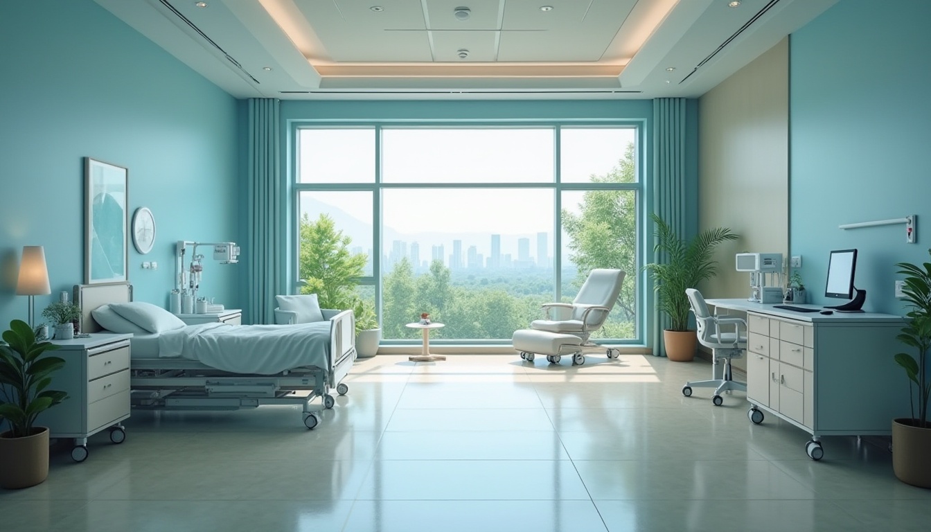 Prompt: Calming hospital interior, blue dominant color scheme, soft lighting, gentle curves, sleek modern furniture, minimalist decorations, peaceful atmosphere, medical equipment, nurse station, patient room, comfortable bedding, subtle wood accents, natural textures, acoustic ceiling, sound-absorbing materials, warm beige flooring, floor-to-ceiling windows, lush greenery outside, panoramic view of cityscape or nature reserve, 3/4 composition, shallow depth of field, soft focus, cinematic lighting.