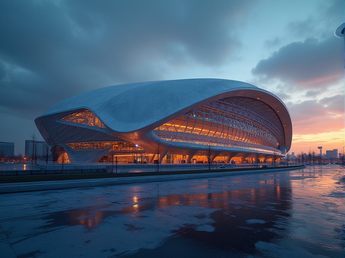 Prompt: Modern stadium, futuristic architecture, large curved roof, fiber-cement material, sleek lines, minimalist design, vibrant LED lights, evening, sunset, soft warm lighting, subtle shadows, dynamic composition, low-angle shot, shallow depth of field, concrete structure, steel beams, glass facade, urban landscape, cityscape.