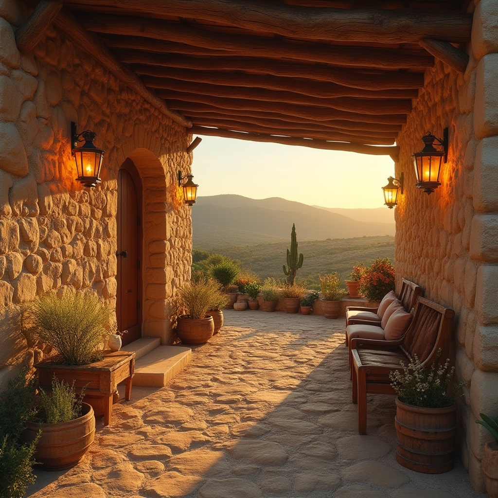 Prompt: Warm wheat color, rustic stone walls, vintage wooden doors, cozy lanterns, natural texture, earthy tone, Mediterranean style, villa, rural landscape, rolling hills, golden sunset, soft warm lighting, shallow depth of field, serene atmosphere, peaceful ambiance.