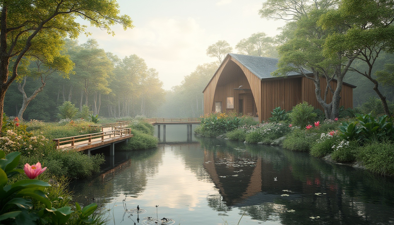 Prompt: Ecological building, modern architecture, wetland integration, serene atmosphere, wooden bridges, water reflection, lush greenery, mangrove trees, exotic flowers, shallow waters, wading birds, soft mist, warm sunlight, 3/4 composition, panoramic view, depth of field, cinematic lighting, ambient sound effects.