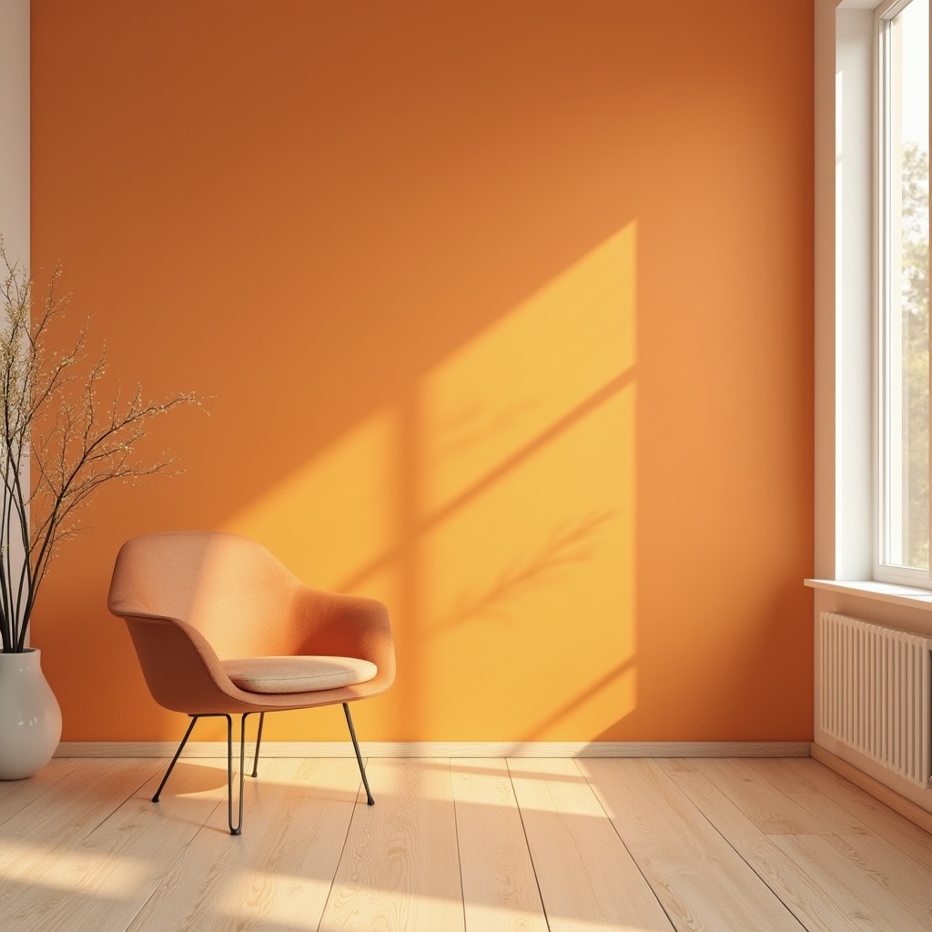 Prompt: Minimalist room, tangerine color accent wall, solo modern armchair, geometric shape, velvet fabric, metal legs, Scandinavian style, wooden floor, large window, natural light, 3/4 composition, empty space, simplistic decoration, pastel tone, warm atmosphere, morning sunlight, soft focus, shallow depth of field.