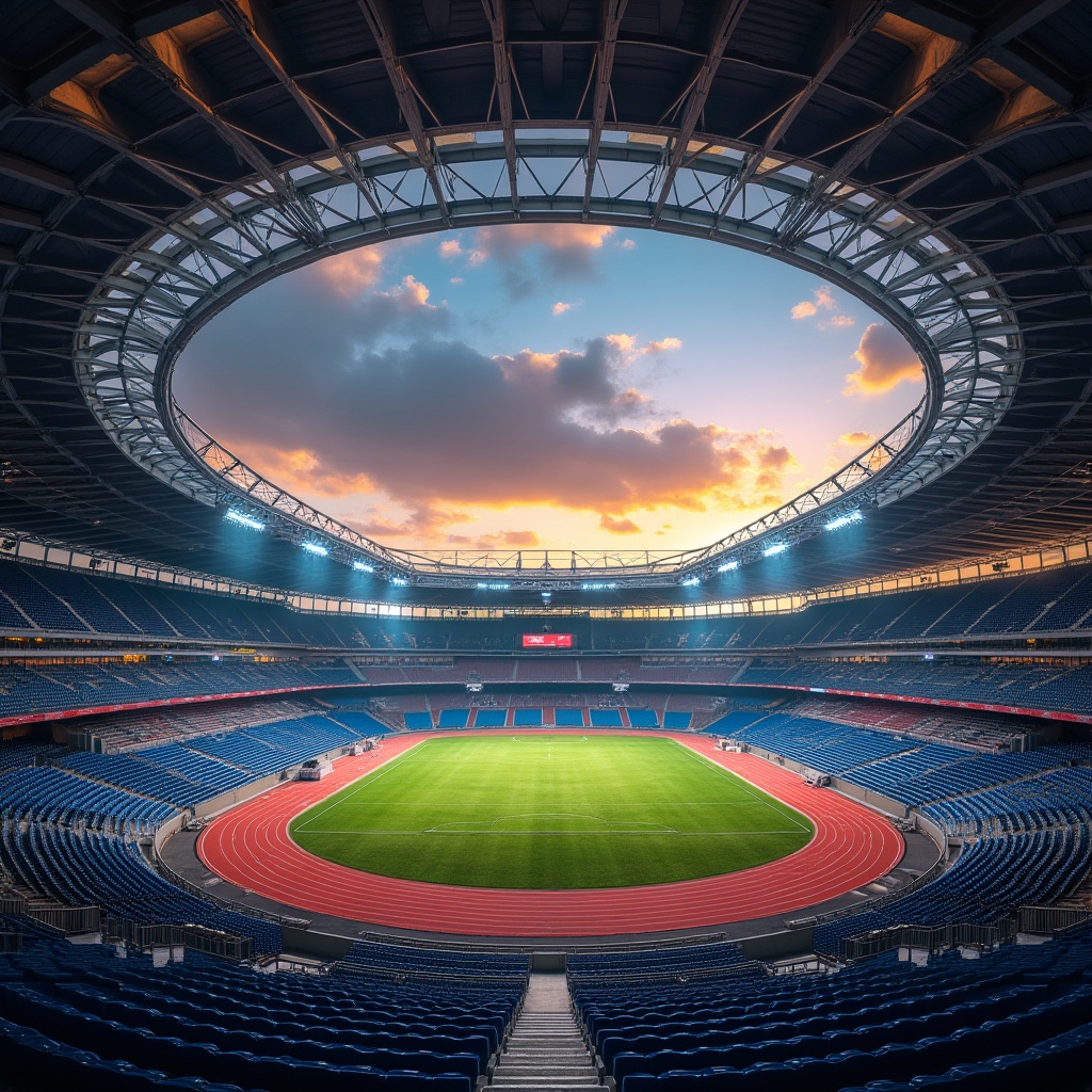 Prompt: Stadium architecture, vibrant colors, grand entrance, massive steel beams, concrete structure, tiered seating, lush green grass, athletic tracks, bright floodlights, dynamic shadows, dramatic evening atmosphere, warm golden light, deep blue seats, bold red accents, metallic materials, reflective surfaces, futuristic design, modern urban landscape, cityscape backdrop, aerial view, low-angle shot, cinematic composition, high contrast, high saturation.