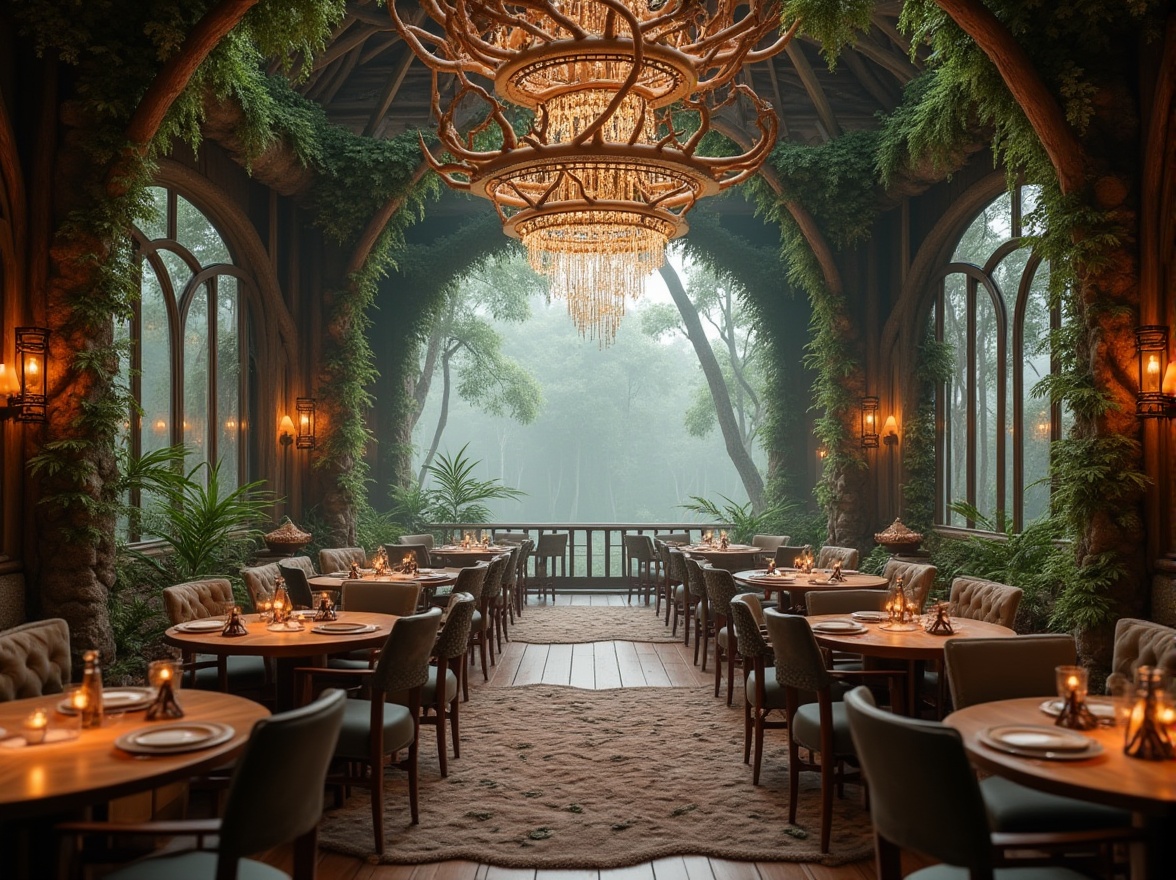 Prompt: Forest-inspired dining hall ambiance, grand chandelier with twig-like details, warm soft lighting, wooden tables and chairs with carved tree patterns, lush greenery hanging from ceiling, vines wrapping around pillars, stone walls with moss growth, large windows with forest views, foggy morning atmosphere, misty light filtering through trees, rustic metal lanterns, earthy tone color palette, natural fabric upholstery, wooden floor with leaf-patterned rug, forest sounds ambiance, nature-inspired sculptures, grandiose high ceiling, symmetrical composition.