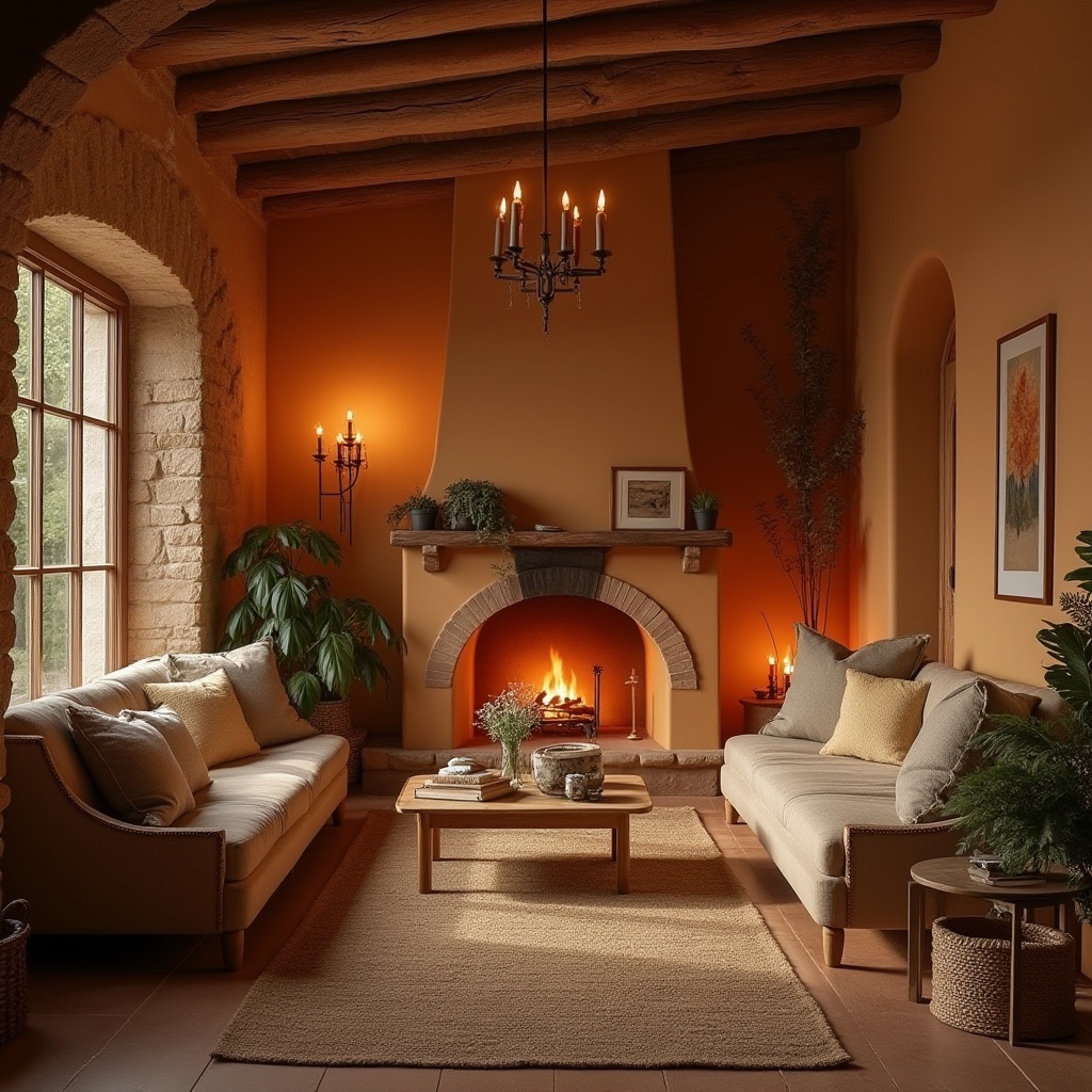 Prompt: Warm hospitality space, Sienna color tone, inviting ambiance, comfortable sofas, pillows in earthy tones, wooden accents, natural textiles, woven baskets, potted plants, stone walls, rustic chandeliers, soft candlelight, cozy fireplace, crackling fire sounds, warm beige rugs, tranquil atmosphere, serene background, 3/4 composition, shallow depth of field, soft focus, warm lighting.