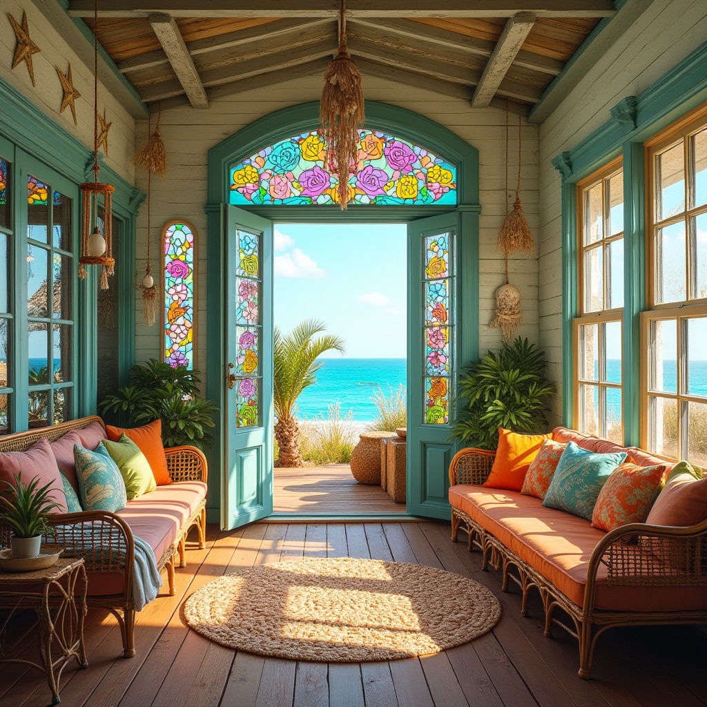 Prompt: Vibrant beach house, eclectic style, colored glass decorations, turquoise, pink, yellow, orange, swirling patterns, stained glass windows, ornate door frames, wooden floorboards, distressed finish, rattan furniture, pastel-colored throw pillows, seashell wind chimes, driftwood coffee table, macrame plant hangers, pampas grass, beachy keens, ocean view, sunny day, warm lighting, 3/4 composition, shallow depth of field, artistic blur, coastal vibe.