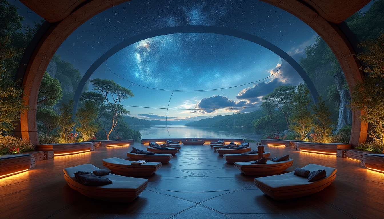 Prompt: Planetarium interior design, futuristic ambiance, integrating riverbank views, large dome-shaped screen, starry night sky projection, gentle water reflection on ceiling, wooden benches with velvet cushions, soft ambient lighting, calm atmosphere, subtle sound of flowing water, riverbank scenery mural on walls, lush greenery, blooming flowers, tranquil environment, 3/4 composition, panoramic view, cinematic depth of field.