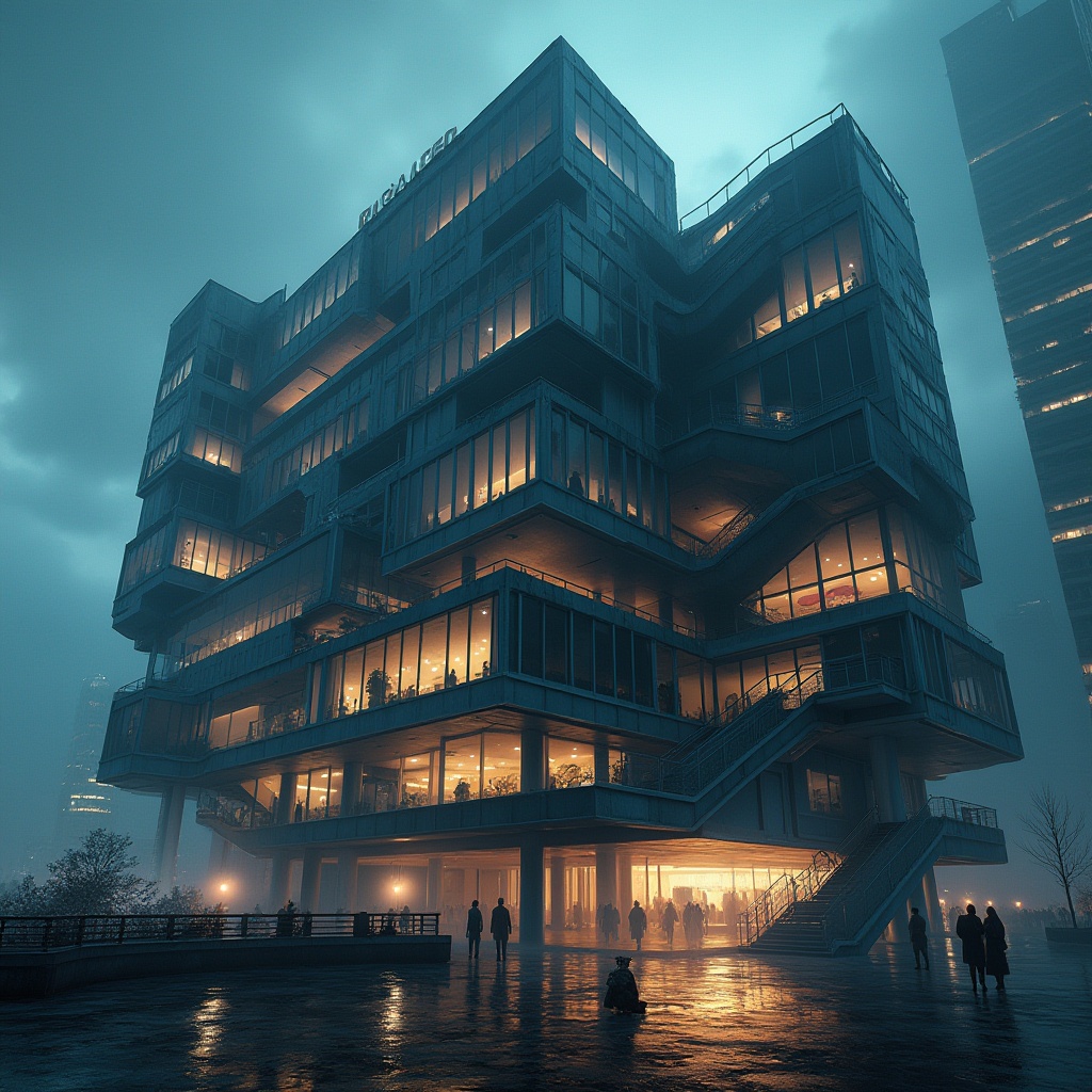 Prompt: Deconstructivist hotel, futuristic, irregular shape, fragmented structure, broken columns, twisted staircases, distorted perspectives, reflective glass, metallic materials, sharp angles, abstract forms, urban cityscape, night scene, neon lights, misty atmosphere, cinematic composition, 3/4 view, low-angle shot, high-contrast lighting, dramatic shadows.