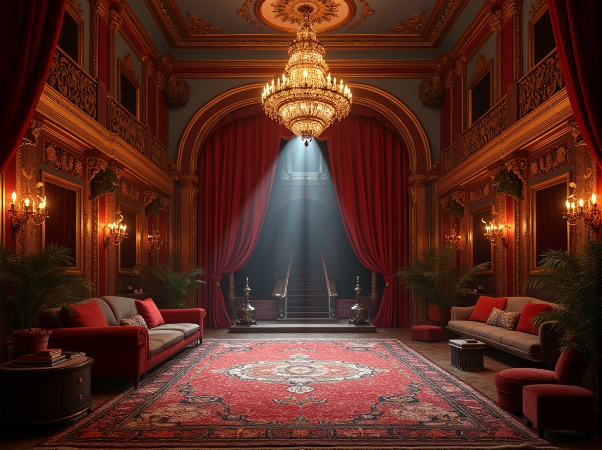 Prompt: Theater expressionist interior, luxurious velvet curtains, ornate golden frames, dramatic spotlights, grand chandeliers, lavish furnishings, intricately carved wooden panels, richly patterned rugs, opulent fabrics, bold color schemes, eclectic decorative objects, statues, vases, oversized mirrors, grand staircases, sweeping archways, Baroque-inspired architecture, lavish materials, luxurious textures, 3/4 composition, low-key lighting, cinematic ambiance.