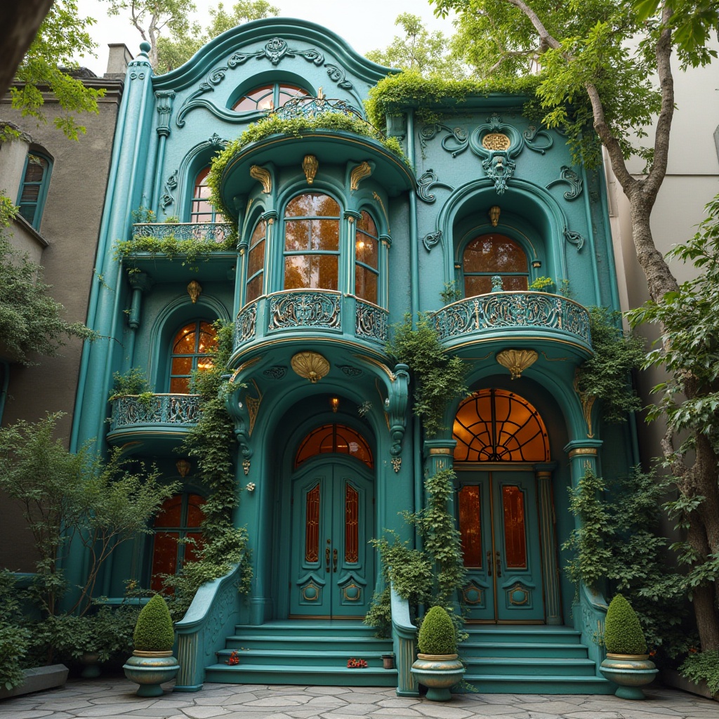 Prompt: Art Nouveau architecture, teal-colored ornate building facade, intricate curved lines, flowing organic shapes, luxurious details, golden accents, grand entrance, ornate metalwork, stained glass windows, lush greenery, vines crawling up walls, whimsical atmosphere, warm afternoon light, soft focus, shallow depth of field, elegant composition.