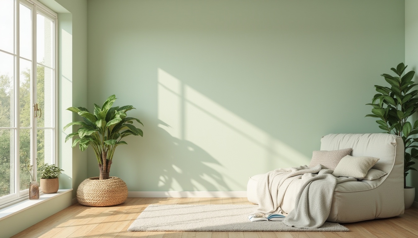 Prompt: Celadon color, modern interior design, soft pastel tone, calming atmosphere, gentle curves, rounded edges, minimalist furniture, cream walls, wooden flooring, natural textiles, woven baskets, potted plants, large windows, abundant natural light, warm ambient glow, cozy reading nook, plush area rug, elegant decorative vase, subtle patterned throw pillows.