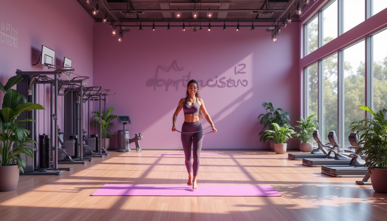 Prompt: Modern gymnasium interior, vibrant orchid color accents, contrast with neutral tone walls, sleek floors, rows of exercise machines, hanging basketball hoops, motivational quotes on walls, natural light pouring through floor-to-ceiling windows, lush greenery surrounding the room, softbox lighting, 3/4 composition, athletic woman in sports wear, dynamic pose, jumping rope, sweat droplets on face, orchid-colored yoga mat, wooden floors reflecting gym equipment, panoramic view, ambient atmosphere.