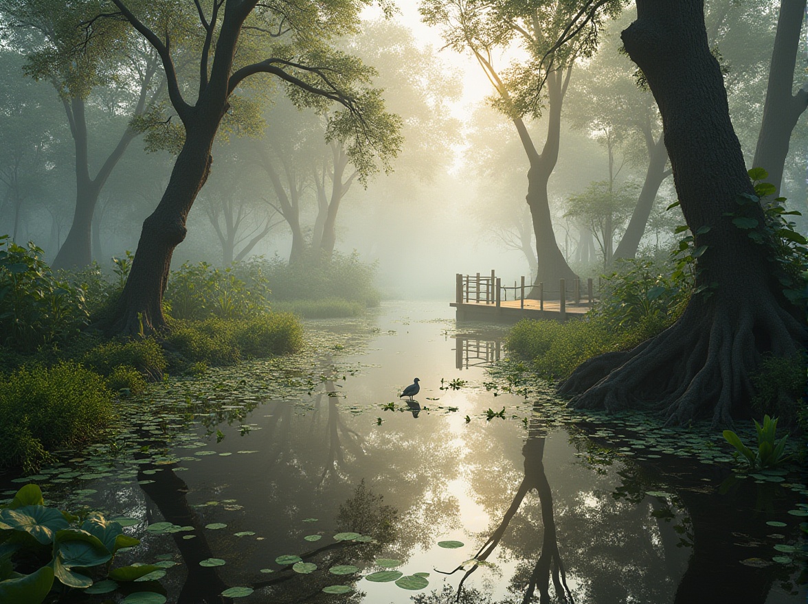 Prompt: Wetland scenery, serene atmosphere, misty morning, calm water reflection, lush green vegetation, cattails, water lilies, mangroves, twisted tree trunks, exposed roots, wooden boardwalk, winding path, observation deck, birdwatching, wildlife habitat, tranquil ambiance, soft diffused light, warm color palette, natural textures, earthy tones, 3/4 composition, panoramic view.