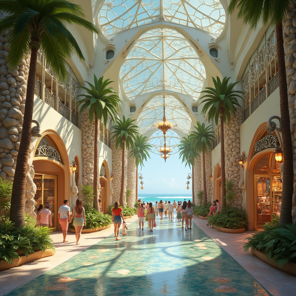 Prompt: Art Nouveau shopping center, beach-inspired architecture, grand entrance with shell-shaped arches, ornate iron gates, flowing curves, organic forms, ocean-blue glass ceiling, wave-patterned mosaic floors, seashell-adorned columns, driftwood-textured walls, coral-like decorations, tropical plants, palm trees, soft warm lighting, afternoon sunbeams, people strolling, shopping bags in hands, beach balls and inflatables scattered, sound of seagulls, distant waves crashing, 3/4 composition, shallow depth of field, vibrant colors, whimsical atmosphere.