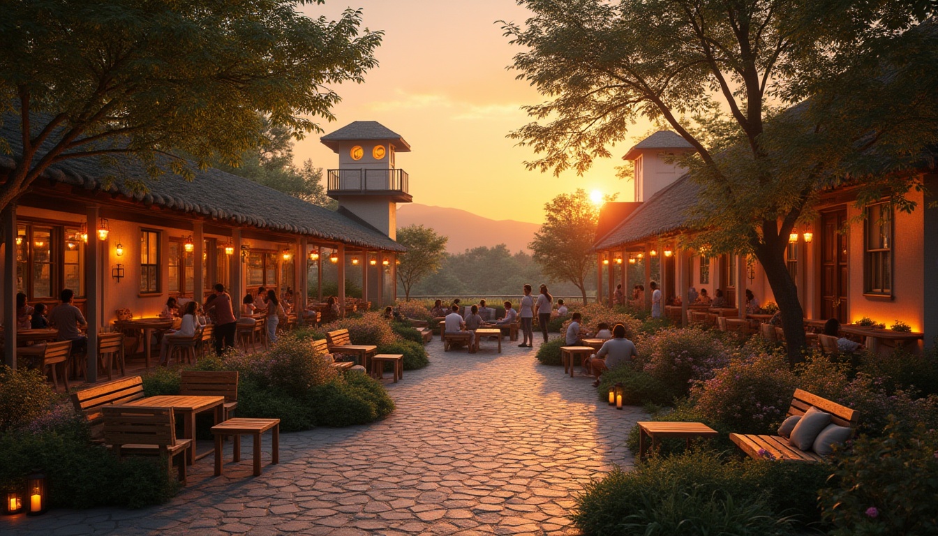 Prompt: Cozy community space, gathering, watching towers, sunset time, warm orange light, wooden benches, lush greenery, flower beds, towering trees, stone pavement, lanterns, soft lighting, 3/4 composition, panoramic view, relaxing atmosphere, people chatting, laughing, vibrant colors, comfortable seating area, architectural details, depth of field, cinematic feel.