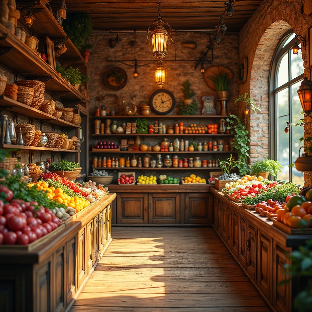 Prompt: Eclectic grocery store interior, warm golden color scheme, vintage decorative items, wooden shelves with ornate carvings, colorful fruits and vegetables on display, woven baskets, antique metal lanterns, distressed brick walls, rustic wooden floorboards, elegant chandeliers, lively atmosphere, afternoon soft natural light, 3/4 composition, shallow depth of field, warm color tone, inviting ambiance.