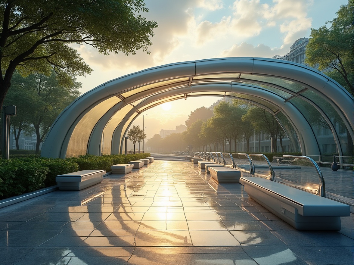 Prompt: Futuristic bus station, modern architecture, curved roof, fibreglass material, translucent texture, natural light pouring in, sleek benches, stainless steel handrails, urban jungle background, vibrant greenery, trees surrounding, afternoon sun, soft warm lighting, 3/4 composition, shallow depth of field, HDR, realistic reflection.