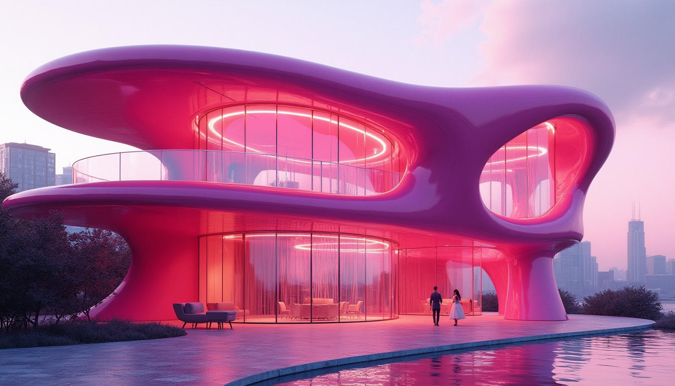 Prompt: Futuristic architecture, Fuchsia polycarbonate structure, modern villa, sleek lines, angular shapes, vibrant pink color, metallic sheen, transparent walls, glass-like material, intricate framework, geometric patterns, urban landscape, cityscape, metropolitan area, skyscrapers in background, dramatic lighting, 3/4 composition, low-angle shot, cinematic atmosphere.