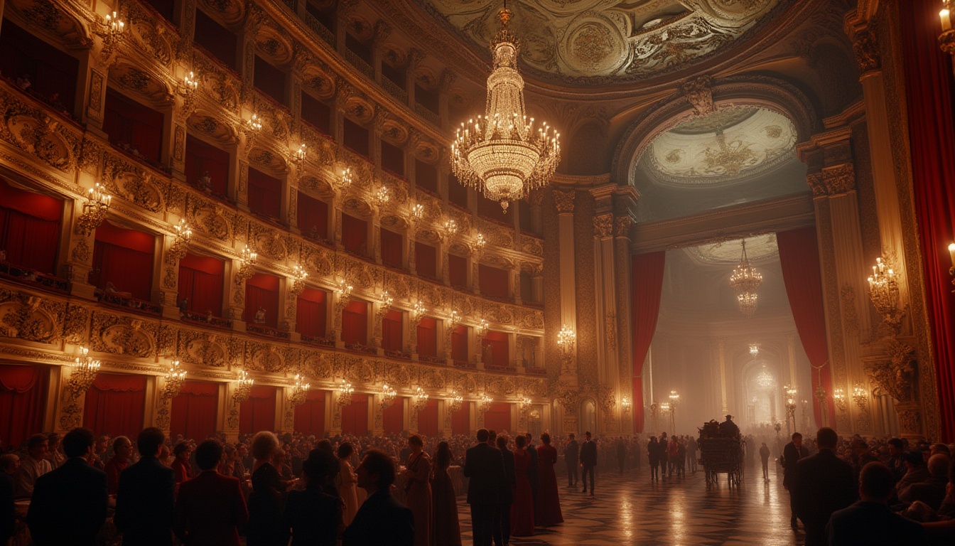 Prompt: Historic opera house, Baroque architecture, grand staircase, red velvet curtains, golden ornate details, crystal chandelier, marble floor, luxurious interior, evening performance, soft warm lighting, dramatic shadows, elegant audience, formal attire, sophisticated atmosphere, European cityscape, nighttime, misty fog, street lamps, horse-drawn carriage passing by, 19th-century elegance.