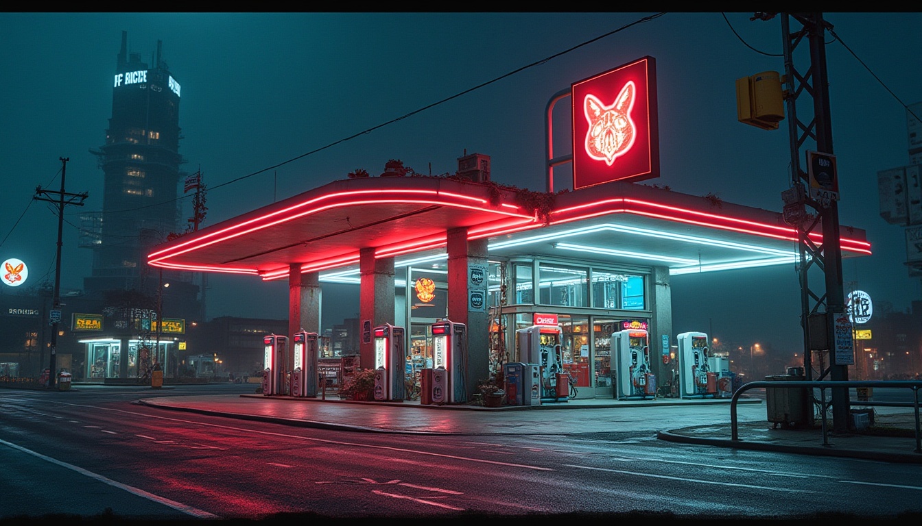 Prompt: Postmodern gas station, retro-futuristic, neon lights, bold colors, irregular shapes, fractured lines, eclectic mix of materials, glass, steel, concrete, brutalist columns, Deconstructivist angles, surrealistic pumps, futuristic canopies, hyper-realistic advertisements, 3/4 composition, low-angle shot, dramatic lighting, cinematic atmosphere, urban landscape, cityscape, metropolitan, highway intersection, night scene, moody ambiance.