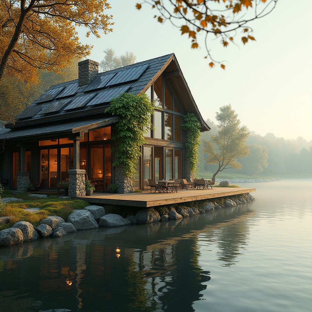 Prompt: Lakefront, barn-style, green architecture, rustic wooden exterior, natural stone foundation, lush vines crawling up walls, sloping roof with solar panels, large windows overlooking serene lake, sliding glass doors leading to wooden deck, cozy outdoor seating area with lanterns, morning mist rising from calm waters, surrounding trees with autumn foliage, gentle breeze rustling leaves, warm sunlight filtering through branches, soft focus background, peaceful atmosphere, natural materials, earthy tones, organic shapes, harmonious integration with surroundings.