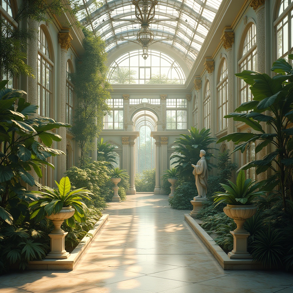 Prompt: Elegant neoclassical greenhouse, ornate iron frames, lush greenery, exotic plants, Victorian-era inspired architecture, grandeur entrance, marble flooring, symmetrical composition, soft natural light filtering through glass panels, warm ambiance, subtle mist, delicate water features, refined classical statues, intricate stone carvings, pastel color palette, serene atmosphere, 3/4 angle shot, shallow depth of field.