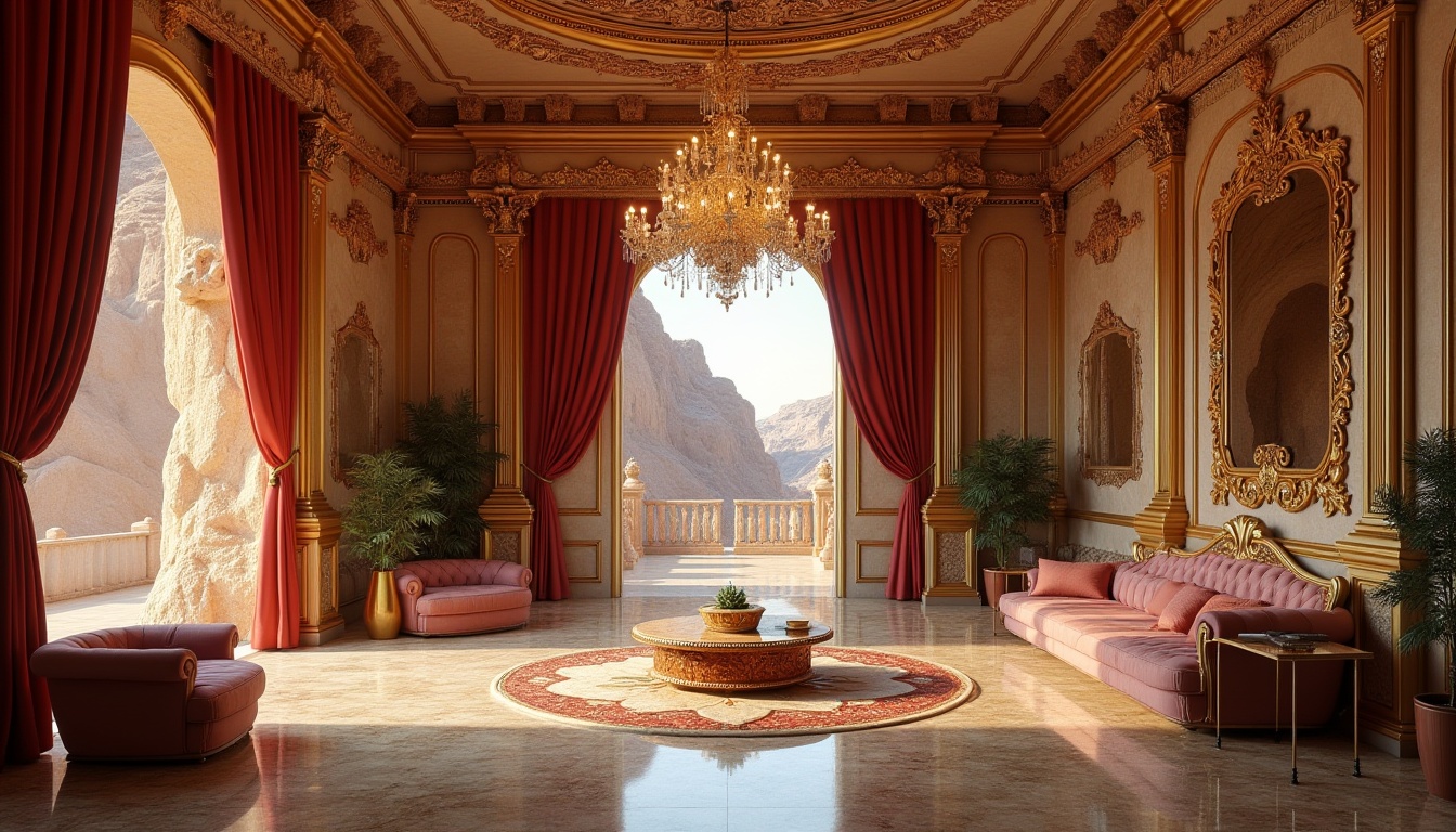 Prompt: Luxurious Baroque interior, grand canyon-inspired architectural elements, intricately carved stone walls, ornate golden frames, crimson velvet drapes, majestic chandelier, rugged rock formations, natural light pouring in through arched windows, warm beige marble floors, plush sofas, intricate patterns, rich textures, dramatic shadows, 3/4 composition, soft focus, warm color palette.