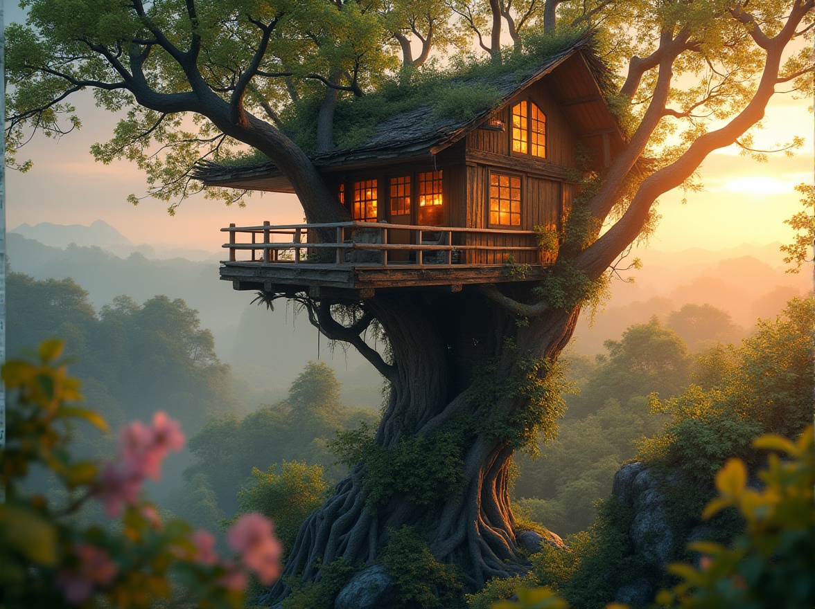 Prompt: Watching tower, nature incorporated, blend with surroundings, tree branches supporting, leaves wrapping around, vines crawling up, flower-patterned latticework, wooden accents, earthy tones, moss-covered stones, overgrown with ivy, bird's nest-inspired design, panoramic view, 360-degree observation deck, sunset lighting, warm glow, misty morning atmosphere, soft focus background, cinematic composition.