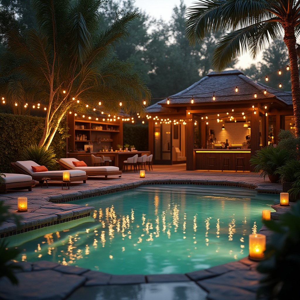 Prompt: backyard oasis, luxury pool, evening ambiance, warm golden lighting, string lights surrounding trees, lanterns floating on water, tranquil atmosphere, comfortable lounge chairs, colorful throw pillows, refreshing cocktails, poolside bar, natural stone decking, lush greenery, palm trees swaying gently, soft mist rising from the water's surface, warm sunset glow, 3/4 composition, cinematic lighting, depth of field.