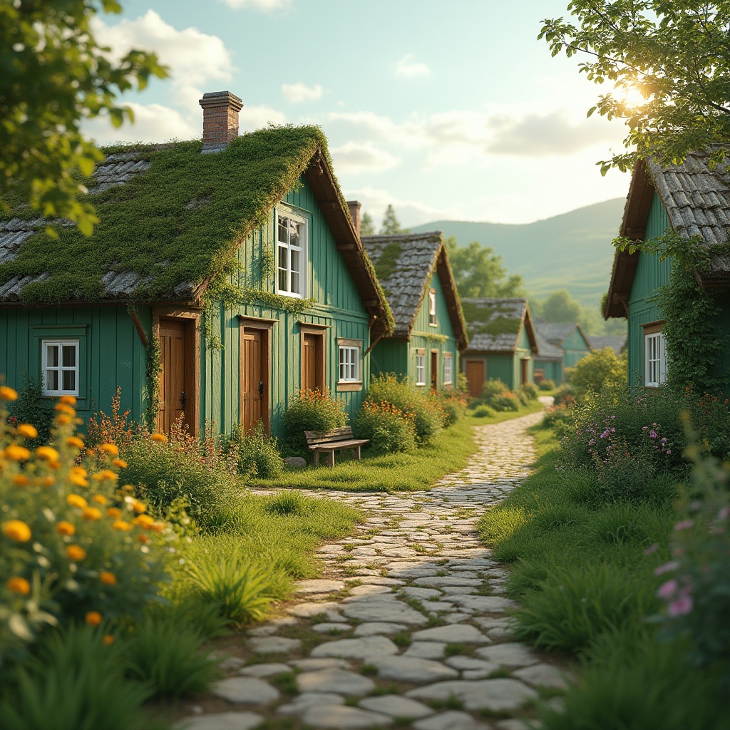 Prompt: Rural social housing, moss green exterior walls, natural blended colors, serene atmosphere, rolling hills, countryside landscape, wooden doors, white window frames, pitched roofs, chimneys, lush greenery, wildflowers blooming, winding stone path, sunny afternoon, warm soft lighting, 3/4 composition, depth of field, realistic textures, ambient occlusion, cinematic mood.