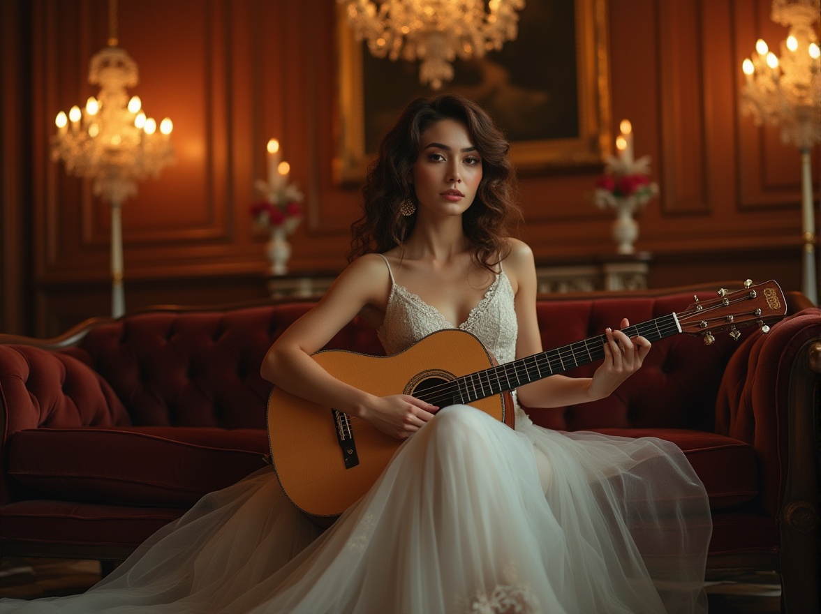 Prompt: Elegant lady, mixed ethnicity, 25yo, curly brown hair, subtle makeup, golden earrings, flowing white dress, lace details, high heels, holding a vintage guitar, sitting on a velvet couch, luxurious Victorian-style mansion, grand chandelier, rich wood paneling, warm candlelight, soft focus, shallow depth of field, cinematic composition, warm color palette.