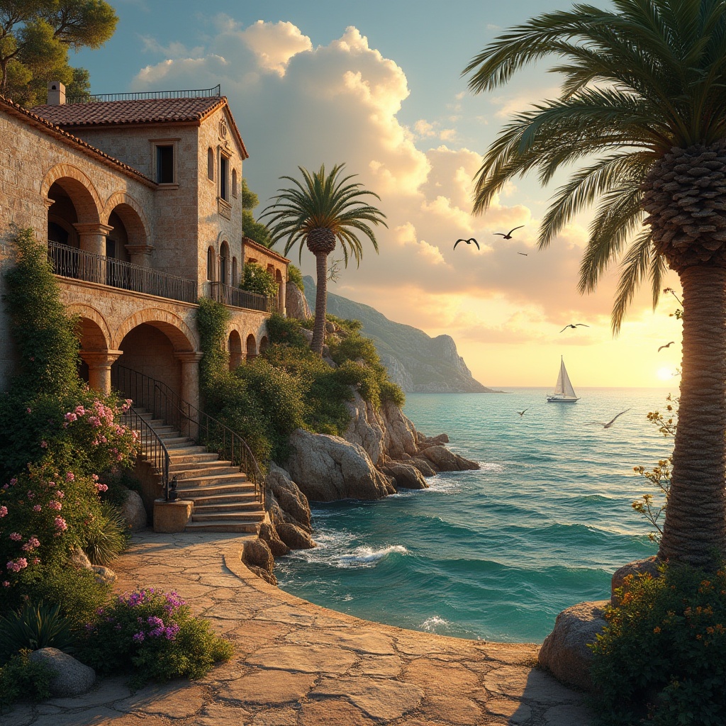 Prompt: Coastal Romanesque villa, Mediterranean seaside, warm sunset, corrugated metal accents, rustic stone walls, curved archways, ornate columns, turquoise waters, sailboats in distance, seagulls flying overhead, lush greenery, blooming bougainvillea, palm trees swaying gently, weathered wooden dock, ocean spray misting the air, dramatic cloudy sky, warm golden lighting, 3/4 composition, shallow depth of field, realistic textures.