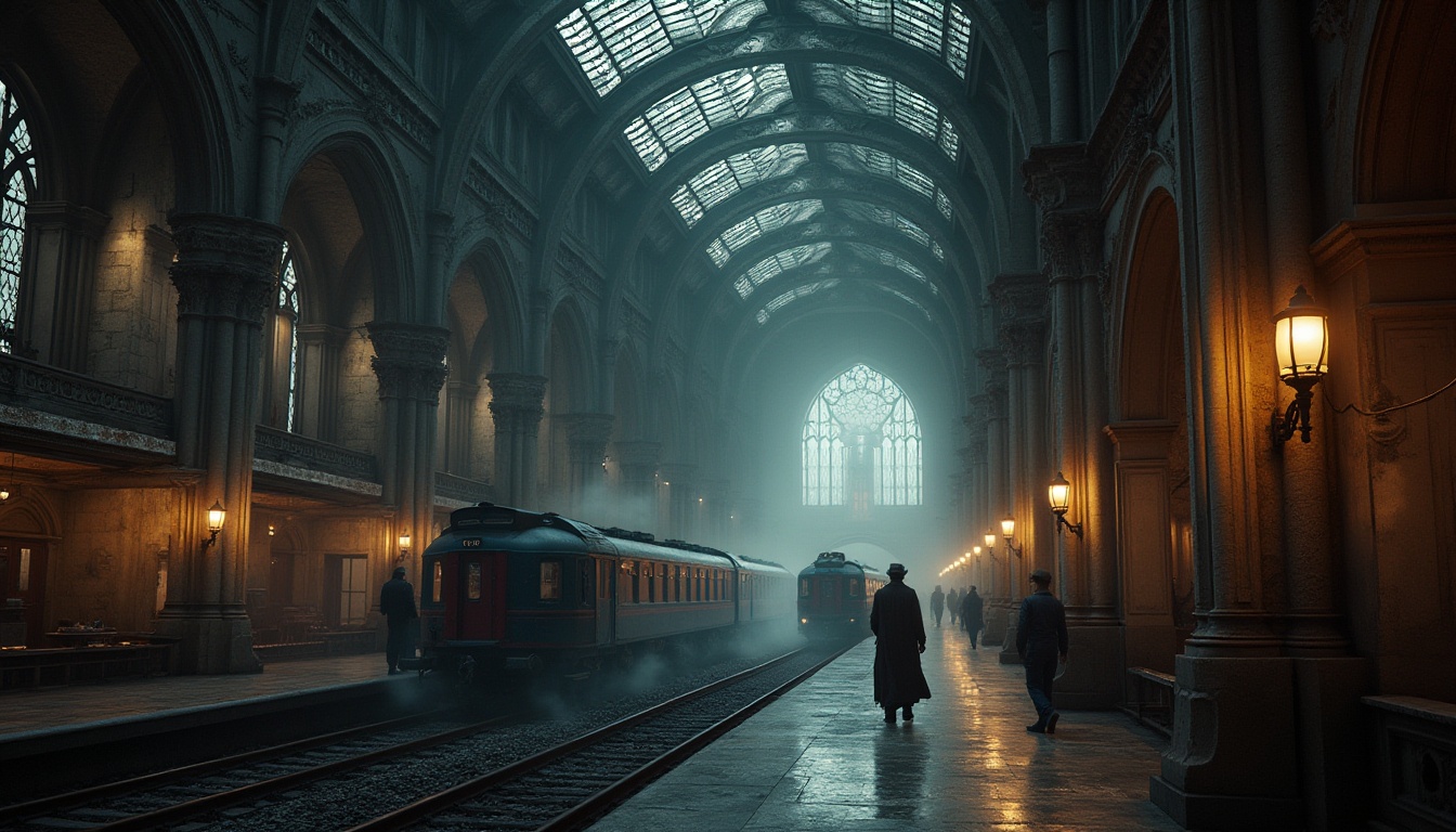 Prompt: Grand, Gothic-style train station, intricate stone carvings, pointed arches, ribbed vaults, stained glass windows, ornate chandeliers, dimly lit atmosphere, mysterious shadows, old-fashioned luggage carts, vintage steam trains, foggy morning, dramatic lighting, cinematic composition, symmetrical architecture, imposing pillars, mystical ambiance.