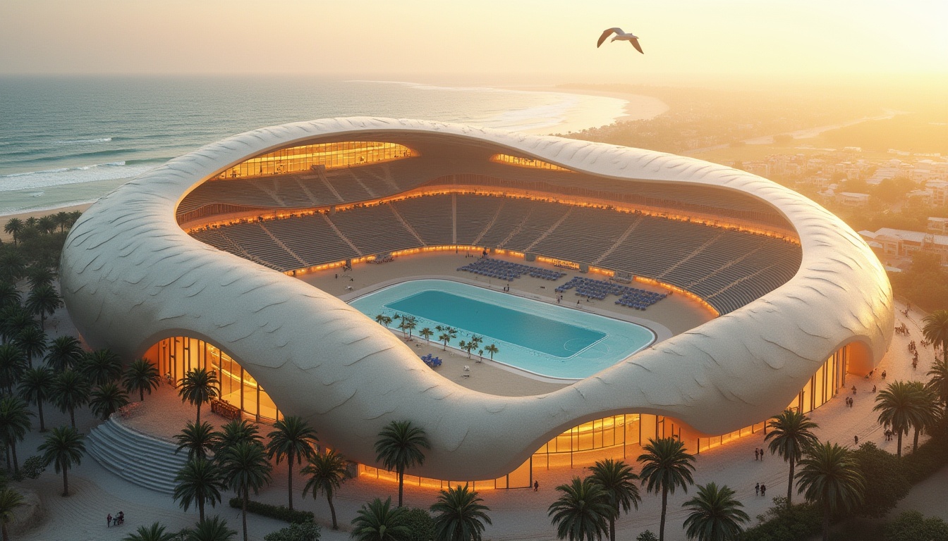 Prompt: Beach-inspired stadium designs, futuristic architecture, dome-shaped roof, wave-patterned exterior walls, sandy beige color, transparent glass façade, ocean-blue seats, palm tree-lined entrance, sunset-lit interior, soft warm lighting, misty atmosphere, seagull flying overhead, sound of waves in the background, 3/4 composition, aerial view, dramatic shadows, cinematic rendering.