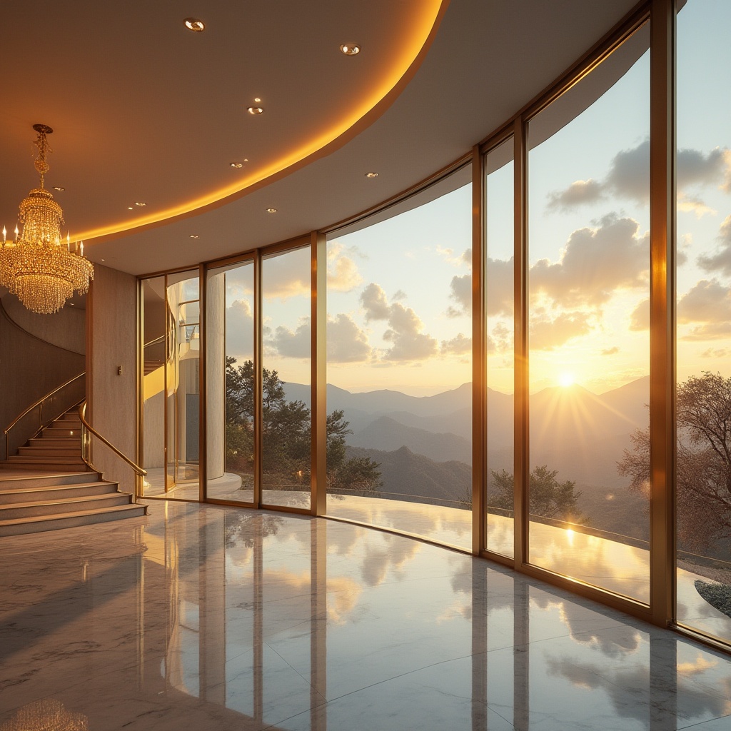 Prompt: Golden luxury villa, modern minimalist architecture, large windows, golden frame, marble floor, high ceiling, grand staircase, ornate chandelier, lavish interior, warm golden lighting, sunset view, distant mountains, blue sky, fluffy white clouds, 3/4 composition, panoramic view, depth of field, realistic, ambient light, cinematic composition, HDR.