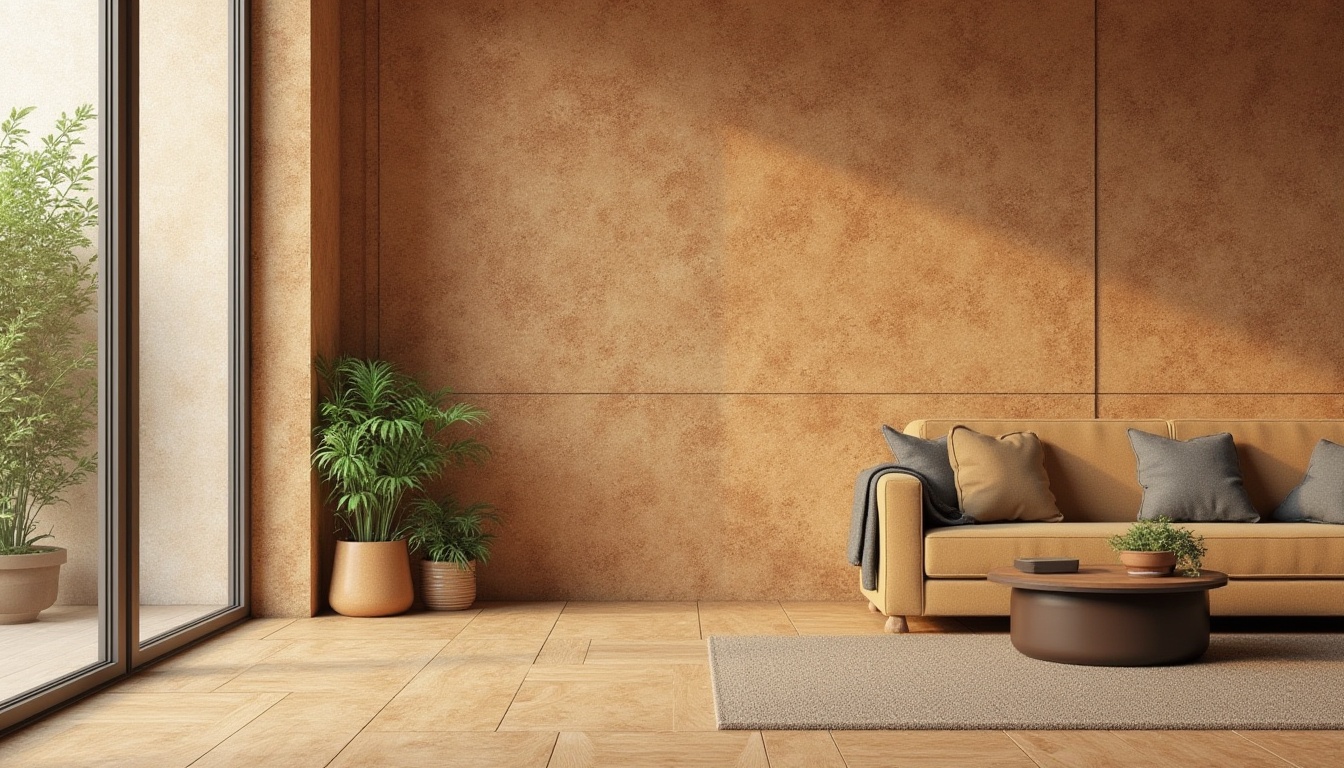 Prompt: Cork material, eco-friendly, sustainable, natural texture, earthy tone, organic feel, warm ambiance, cozy atmosphere, unique pattern, soft touch, lightweight, water-resistant, thermal insulation, acoustic properties, rustic decor, modern furniture, home interior, living room, coffee table, wall decoration, floor tiles.