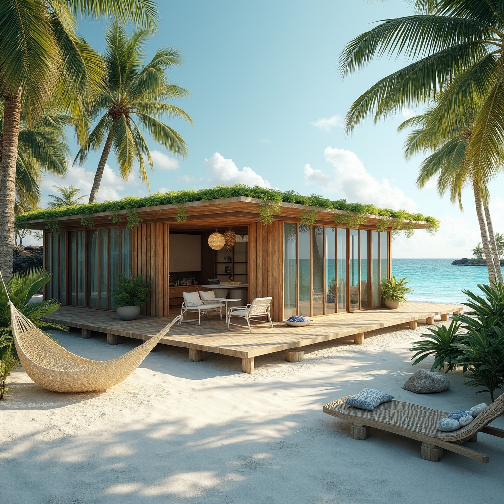 Prompt: Beachside villa, sustainable architecture, eco-friendly design, green roof, solar panels, recycled materials, wooden accents, large windows, natural ventilation, minimal carbon footprint, coastal conservation, serene ocean views, white sandy beach, palm trees swaying, clear blue sky, warm sunlight, gentle sea breeze, driftwood furniture, woven hammock, seashell decorations, nautical rope railings, calming color palette, 3/4 composition, soft focus, shallow depth of field, peaceful atmosphere.