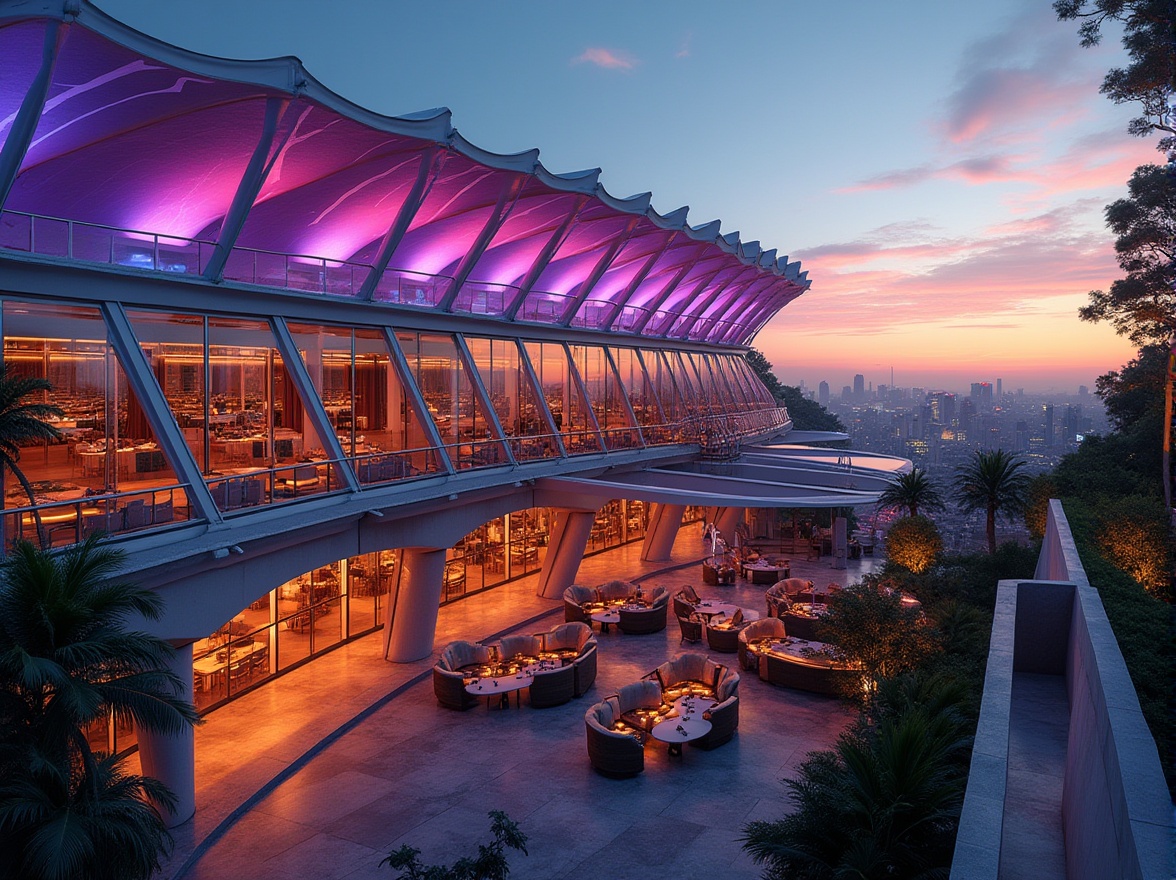 Prompt: Modern stadium architecture, vibrant color scheme, bold geometric shapes, sleek lines, dynamic curves, bright LED lights, evening atmosphere, warm sunset glow, panoramic view, distant cityscape, urban landscape, angular rooftops, cantilevered structures, transparent glass walls, steel beams, concrete pillars, lush greenery, tropical plants, VIP lounge, luxury seating area, champagne gold accents, metallic finishes, premium leather upholstery, ambient lighting, dramatic shadows, high-angle shot, cinematic composition, depth of field.