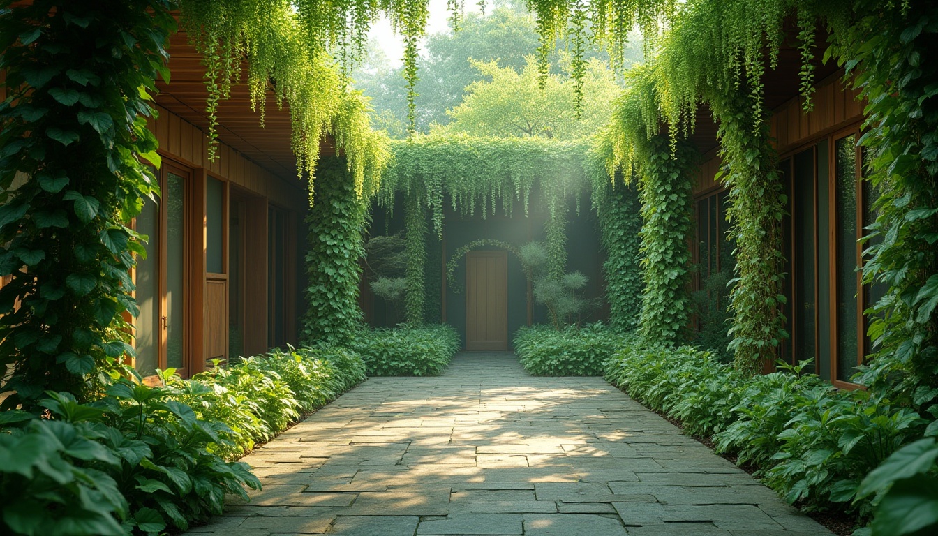 Prompt: Wisteria-inspired, green architecture, modern villa, lush green walls, ivy-covered columns, flower-filled courtyard, wooden accents, natural stone foundation, glass roof, minimalist interior, soft green lighting, morning dew, misty atmosphere, warm sunlight filtering through leaves, vibrant green hues, blooming wisteria flowers, delicate petals, intricate details, serene ambiance, 3/4 composition, shallow depth of field, cinematic mood.