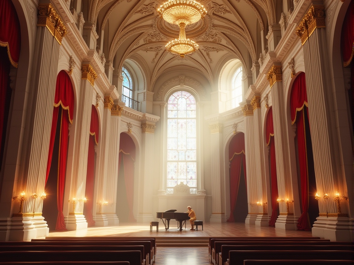 Prompt: Grand concert hall, Baroque architecture, ornate chandeliers, white marble pillars, high ceiling with intricate designs, luxurious red velvet curtains, golden ornaments, grand piano at center stage, spotlight shining down, soft focus on white walls, dramatic shadows, warm ambient lighting, afternoon sunbeams filtering through stained glass windows, classical music notes floating in air.