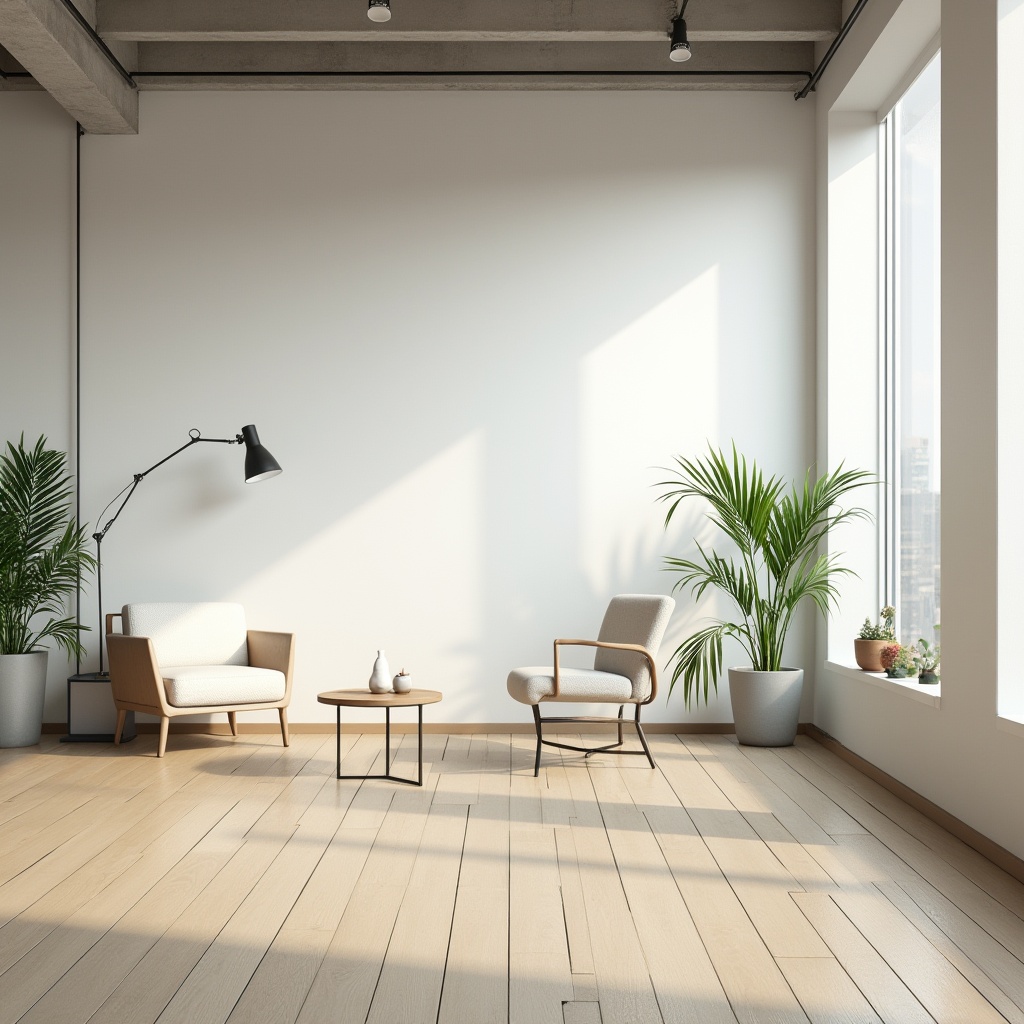 Prompt: Minimalist interior, empty space, natural light, white walls, wooden floor, low-profile furniture, single coffee table, solo armchair, geometric shapes, clean lines, neutral color palette, greenery accents, potted plants, industrial-style lamps, concrete ceiling, large windows, cityscape view, soft morning light, cinematic composition, shallow depth of field.