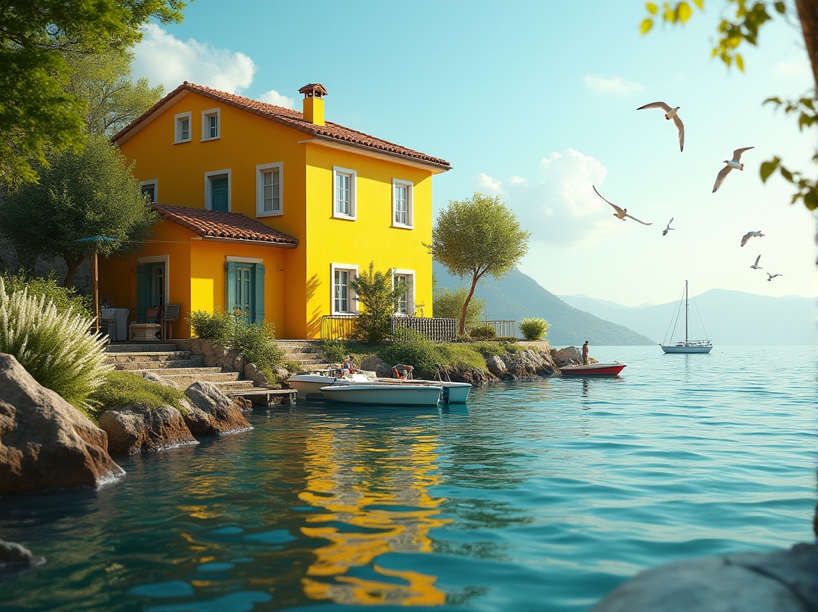 Prompt: Vibrant yellow villa, lakefront view, sunny afternoon, gentle lake waves, lush greenery surrounding the building, bright yellow exterior walls, white window frames, terracotta roof tiles, wooden dock, sailboats anchored nearby, seagulls flying overhead, warm soft lighting, shallow depth of field, cinematic composition, peaceful atmosphere, serene landscape.