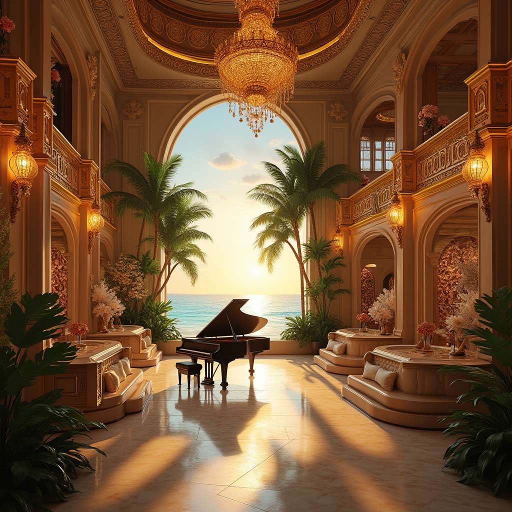 Prompt: Tropical island-themed music venue, grandiose Baroque architecture, ornate golden details, lavish chandeliers, velvet drapes, intricate carvings, majestic staircases, crystal clear turquoise water surrounding, palm trees swaying gently, exotic flowers blooming, white sandy beach, seashell decorations, nautical instruments, luxurious VIP lounge, grand piano center stage, soft warm lighting, dramatic spotlights, 3/4 composition, symmetrical framing, warm beige marble floors, ornate mirrors, lavish furnishings, ambient ocean sounds, sunset time, warm golden hour, cinematic atmosphere.