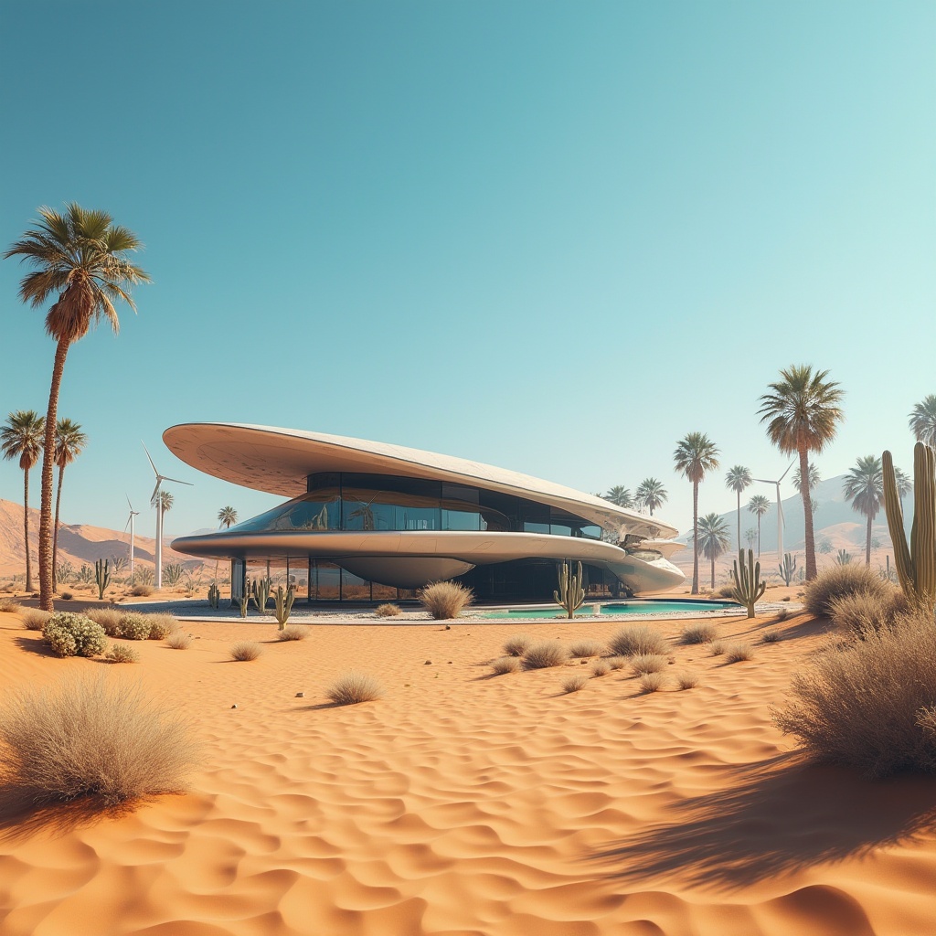 Prompt: Desert landscape, unique architecture, futuristic building, sandy dunes, cacti, palm trees, clear blue sky, intense sunlight, hot climate, arid terrain, minimalist design, angular lines, metallic materials, reflective surfaces, solar panels, wind turbines, water conservation systems, underground tunnels, oases, mirages, dramatic shadows, low-angle shot, warm color palette, cinematic composition.