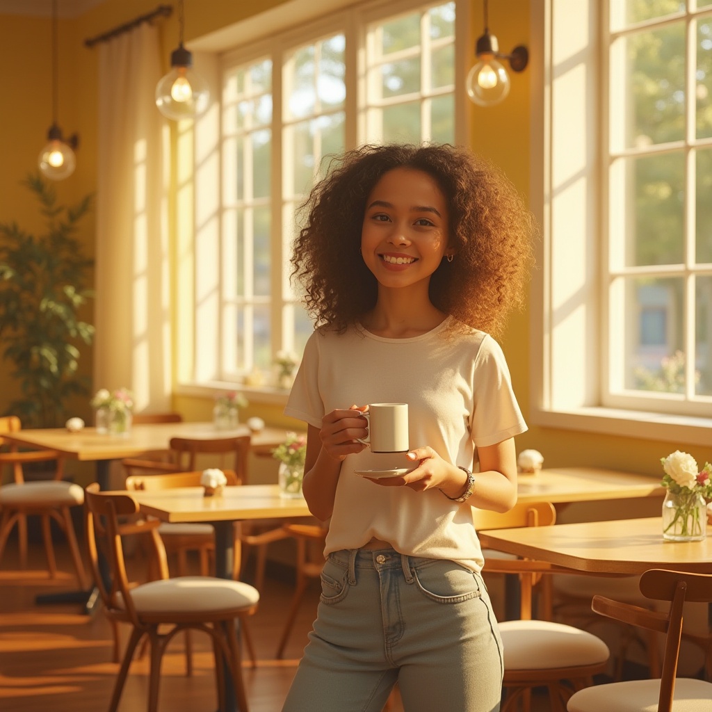 Prompt: Light yellow walls, warm atmosphere, modern dining hall, large windows, natural light, wooden tables, chairs with soft cushions, elegant chandeliers, flower vases on tables, gentle female figure, smiling face, curly hair, casual wear, holding a cup of coffee, standing near a window, morning sunlight, gentle shadows, 3/4 composition, warm lighting, depth of field, realistic, ambient light, cinematic composition.